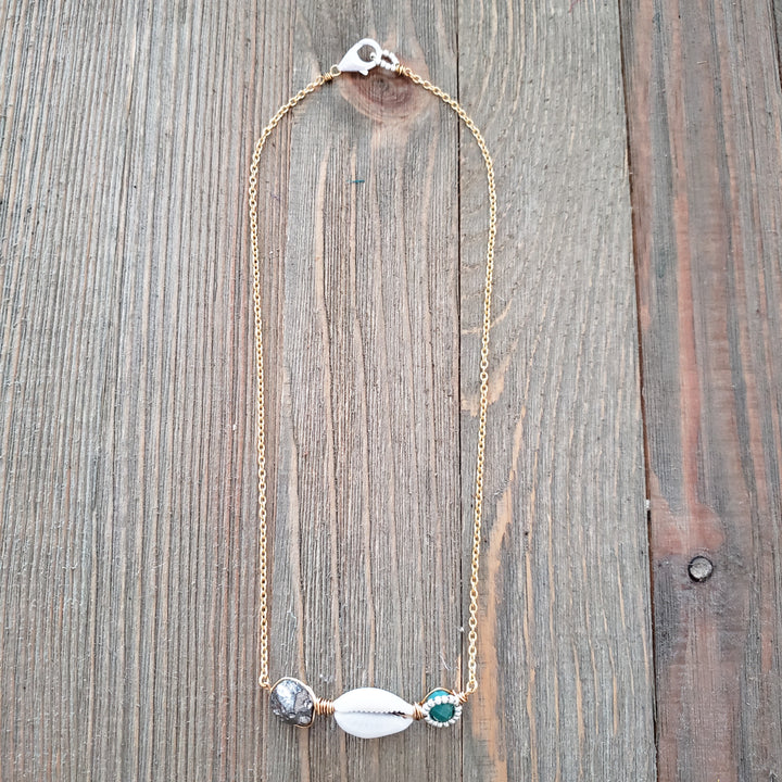 cowrie and sea green crystal necklace