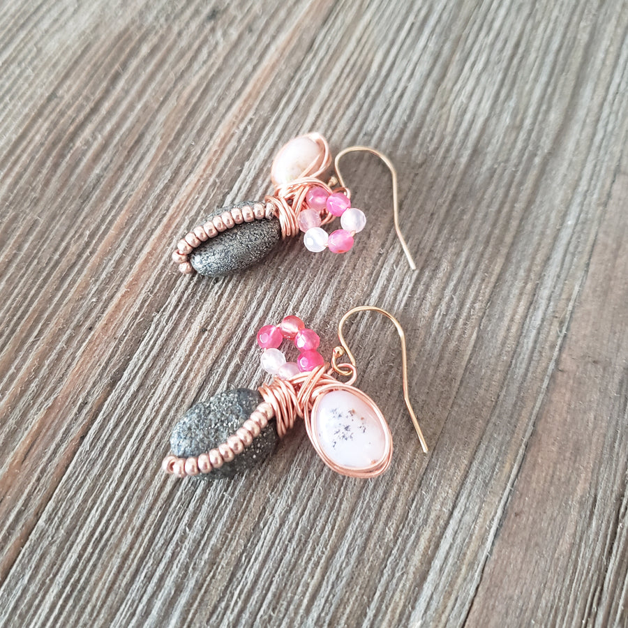 Pyrite & Pink Opal Cluster Earrings