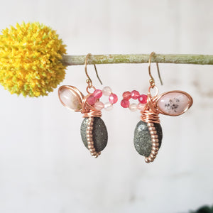 Pyrite & Pink Opal Cluster Earrings