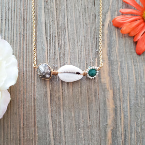 Cowrie and Sea Green Crystal Necklace