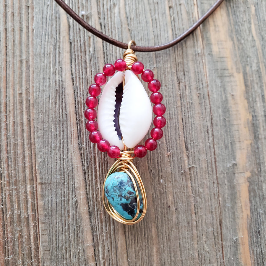 cowrie with jade and turquoise necklace