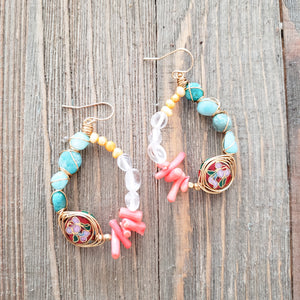 coral cloisonne earrings